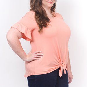 Annabelle Peach Tie Front & Ruffle Sleeve Knit Tee